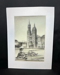 Original Black & White Drawing of Child with Birds & St. Mary’s Bascilica Signed - Picture 1 of 9