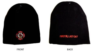 8" Black Fire Fighter Dept. First In Last Out Embroidered Beanie Skull Cap Hat - Bild 1 von 3