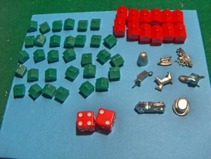 MONOPOLY Replacement Pieces 8 Tokens 32 HOUSES 12 HOTELS 2 DICE Hotels Red Green - Picture 1 of 3