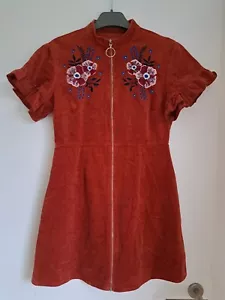 Glamorous Corduroy Mini Dress UK10 Floral Full Zip Short Sleeve Cord Dark Orange - Picture 1 of 15