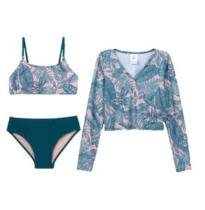 Art Class Girls Palm Print Teal Green Long Sleeve Swim Set of 3 !Small 6/6X NEW! - Picture 1 of 13