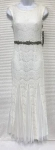 Betsy & Adam Sz 2 White Lace Mermaid Dress Formal Gown Beaded Waist Godets - Picture 1 of 9