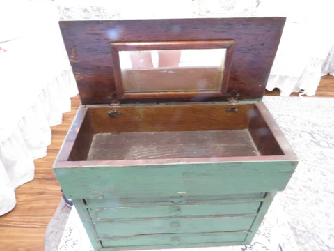 Antique FRENCH Table Top Vanity Cabinet w/Mirror Green Chippy Paint OneOf A kind Cover