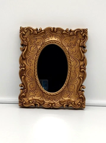 Vintage Gold Tone Ornate Molded Plastic Framed Accent Mirror  7 1/2 X 8 3/4 Inch Cover