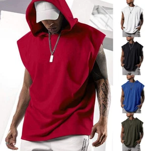 Mens Workout Hoodie Sleeveless Vest Muscle Tank Tops Gym Fitness Bodybuildi - Picture 1 of 25