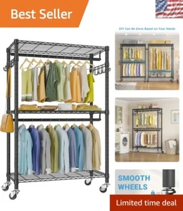 Heavy Duty 3-Tier Adjustable Garment Rack with Lockable Wheels - Modern Black - Picture 1 of 11