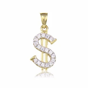 14K Solid Yellow Gold Cubic Dollar Sign Pendant -$ Money Necklace Charm - Picture 1 of 4