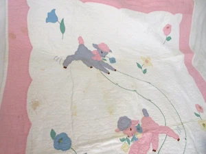 Handmade Vtg Embroidered 54x40 Baby Crib Quilt LAMBS FLOWERS W SPOT DAMAGE - Picture 1 of 9