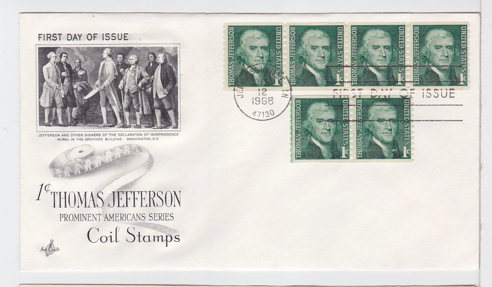 TurtlesTradingPost- Thomas Jefferson 1 Cent Coil- 1968 #1299 FDC Artcraft Cachet - Image 1 of 1