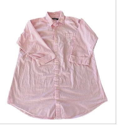 Camisa para dormir Lauren Ralph Lauren etiqueta negra preppy rosa y blanco rayas algodón Foto 1 de 4