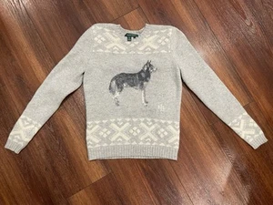 Vintage Ralph Lauren 100% Lambswool Fair Isle Dog Design Gray And White Sweater - Picture 1 of 5