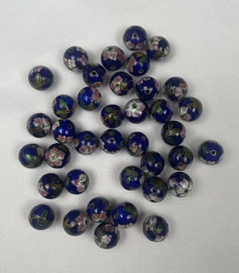 Lot Of 38 Beads Vintage Cloisonné Style Floral Blue 14mm - Picture 1 of 5