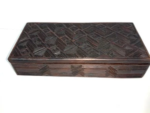 Hand Carved Rectangle Trinket Pencil Keepsake Box Decorative MCM Folk Art - Picture 1 of 10