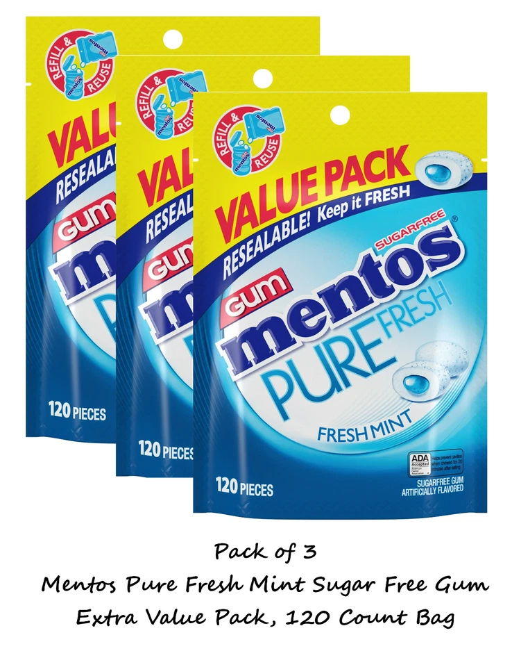Mentos Pure Fresh Mint Sugar Free Gum Extra Value Pack, 120 Count Bag (3 Pack) - Image 1 of 1