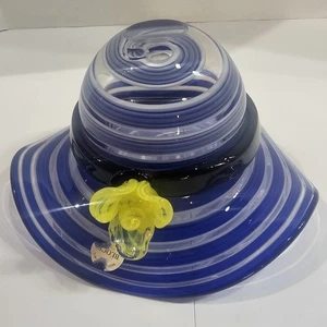 Vintage Block Hand Blown Swirl Art Glass Hat Blue Yellow Flower Dish Bowl Apx 8" - Picture 1 of 10