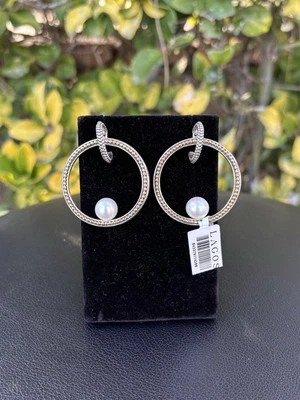 NUEVO CON ETIQUETAS $1300 LAGOS Luna Perla Caviar Círculo Poste Pendientes Colgantes Plata 925 Oro 18K Foto 1 de 4