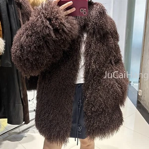 Abrigo de piel con cuello alto para mujer Chaqueta de piel de oveja Mongolia real Prendas exteriores personalizadas - Imagen 1 de 22