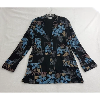 Blusa túnica manga larga Dressbarn grande negra azul floral con botones para mujer Foto 1 de 4