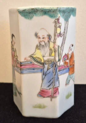 Antique Chinese Hexagonal Famille Rose Brush Pot Early 20th C - Image 1 of 4