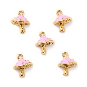 20 pcs Lead Free Pink Mushroom Brass Enamel Pendants Jewelry Making 9.5x7.5mm