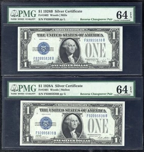 1928-B/1928-A $1 “FUNNYBACK” SILVER CERT. REVERSE CHANGEOVER PAIR PMG UNC-64EPQ - Picture 1 of 2