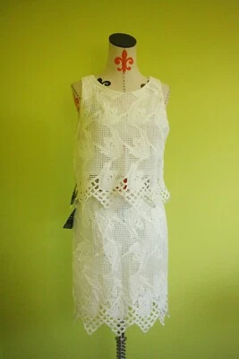 NWT RARE LONDON Womens Sz L (M) Crochet Knit 2Pcs Set Top & Skirt Lined White  - Image 1 of 4