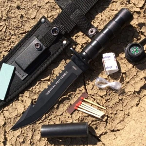 10.5" Fixed Blade Hunting Survival Knife Camping Fire Starter Kit Compass Black - Picture 1 of 2