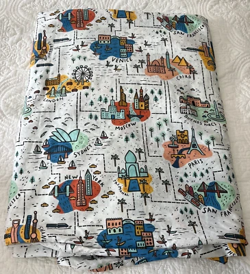 Cotton Duvet Cover Twin Size World Cities Travel Illustration 90"x 65 USA Made - Image 1 of 4
