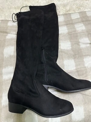 Black Faux Suede Low Heel Round Toe Over the Knee Boot. Wide Calf Size 9 - Image 1 of 4