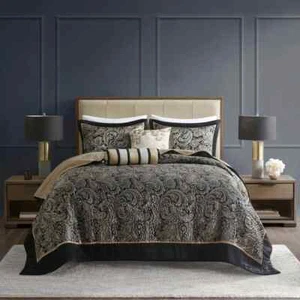 NEW! ~ XXXL ELEGANT MODERN CHIC BLACK GREY GOLD LEAF FLOOR QUILT BEDSPREAD SET - Picture 1 of 4