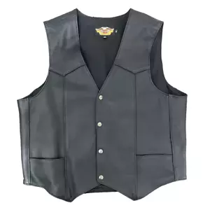 HARLEY DAVIDSON Men XL Black Leather Snap Button Biker Vest Made in USA - Picture 1 of 11