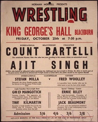 Póster de evento promocional British UK Wrestling Conde Bartelli Norman Morrell década de 1950 Foto 1 de 2