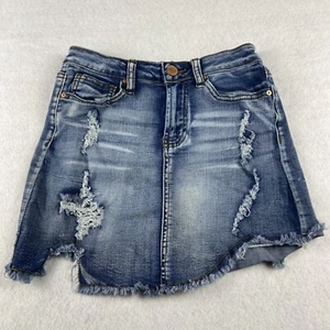Indigo Rein Mini Skirt Youth Girls 1 Blue Denim Distressed Raw Hem Stretch - Picture 1 of 14