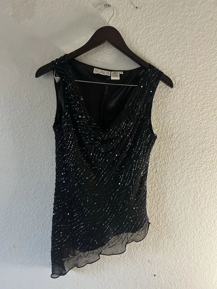 Camiseta sin mangas Scala negra con cuentas talla Lg 100 % forro de seda Y2K asimétrica Fairy Whimsigoth Foto 1 de 4