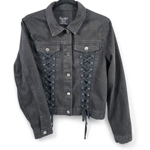 Love Tree Denim Jacket Medium Black Lace Up Sides and Back Jean Jacket - Picture 1 of 8