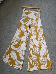 Asos Size 8 Mustard/white Print Wide Leg Elasticated Waist Trousers Length 28 - Picture 1 of 3