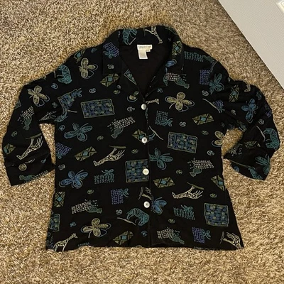 Impresión de estampillas Coldwater Creek grandes negras con tapa cebra/jirafa/verde planta/azul de la década de 1990 Foto 1 de 4