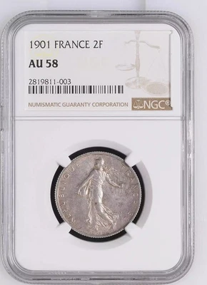 Francia 1901 plata 2 francos NGC AU-58 Foto 1 de 4