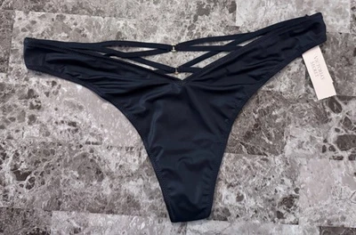 NWT VICTORIA'S SECRET DARK BLUE SATIN SMOOTH STRAPPY BACK HIGH LEG THONG PANTIES - Image 1 of 4