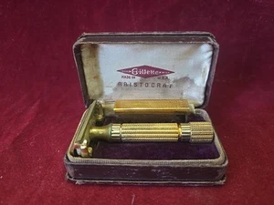 Vintage Gillette Aristocrat Gold Safety Razor In Leather Box - Picture 1 of 4