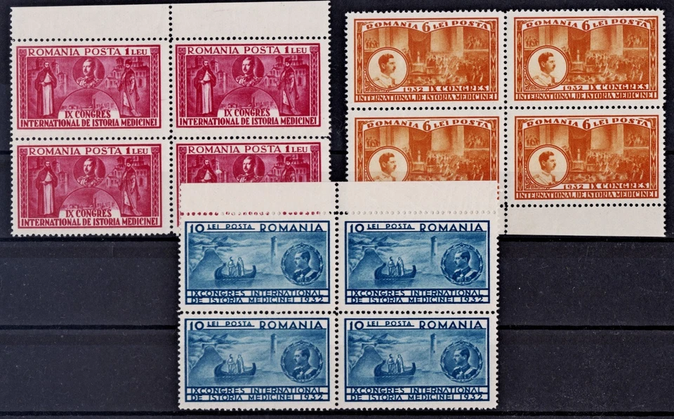 1932 ROMANIA Mi#443/445 - MEDICAL CONGRESS - SET BLOCK X 4 MNH SUPERB - Image 1 of 1