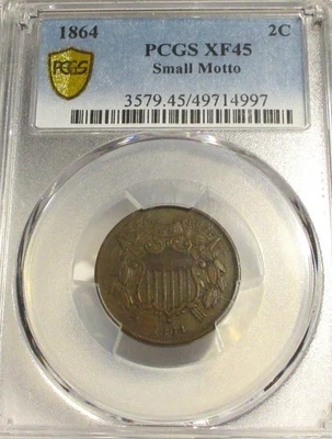 1864 TWO CENT PIECE SMALL MOTTO 2C PCGS XF 45 RARE US COIN - Image 1 of 4