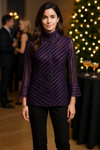 Joseph Ribkoff Womens Black Striped 3/4 Sleeve Sheer Blouse Size M Cocktail Art - Picture 1 of 12