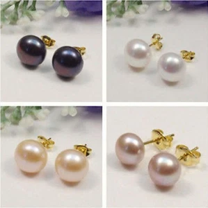 Real 7-12MM Freshwater Natural White Black Button Pearl Gold Stud Earring - Picture 1 of 11