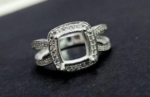 Solid 925 Sterling Silver 8mm Cushion Shape prong blank bezel Halo Ring with - Picture 1 of 10