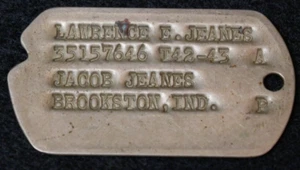 Original Ejército de Estados Unidos Segunda Guerra Mundial Etiqueta de Perro Tech 4 LAWRENCE E JEANS Veterano de la Segunda Guerra Mundial - Imagen 1 de 4