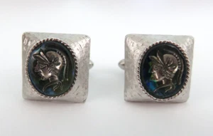 Vintage Men's Swank Square Silver and Black Roman Soldier Intaglio Cufflinks - Picture 1 of 5