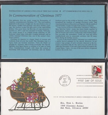 USA 1977 2 FIRST DAY COVERS SEASON GREETINGS CHRISTMAS ART + CARD + CACHET - Image 1 of 2