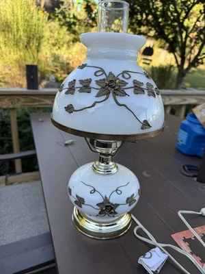 Vtg Milk Glass Falkenstein Brass Flowers Gone With The Wind Table 3 Way Lamp  - Image 1 of 4