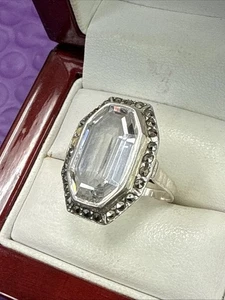❤️Vintage Marcasite Glass Rhinestone Octagon Oval Sterling Silver Ring Sz 8 - Picture 1 of 9